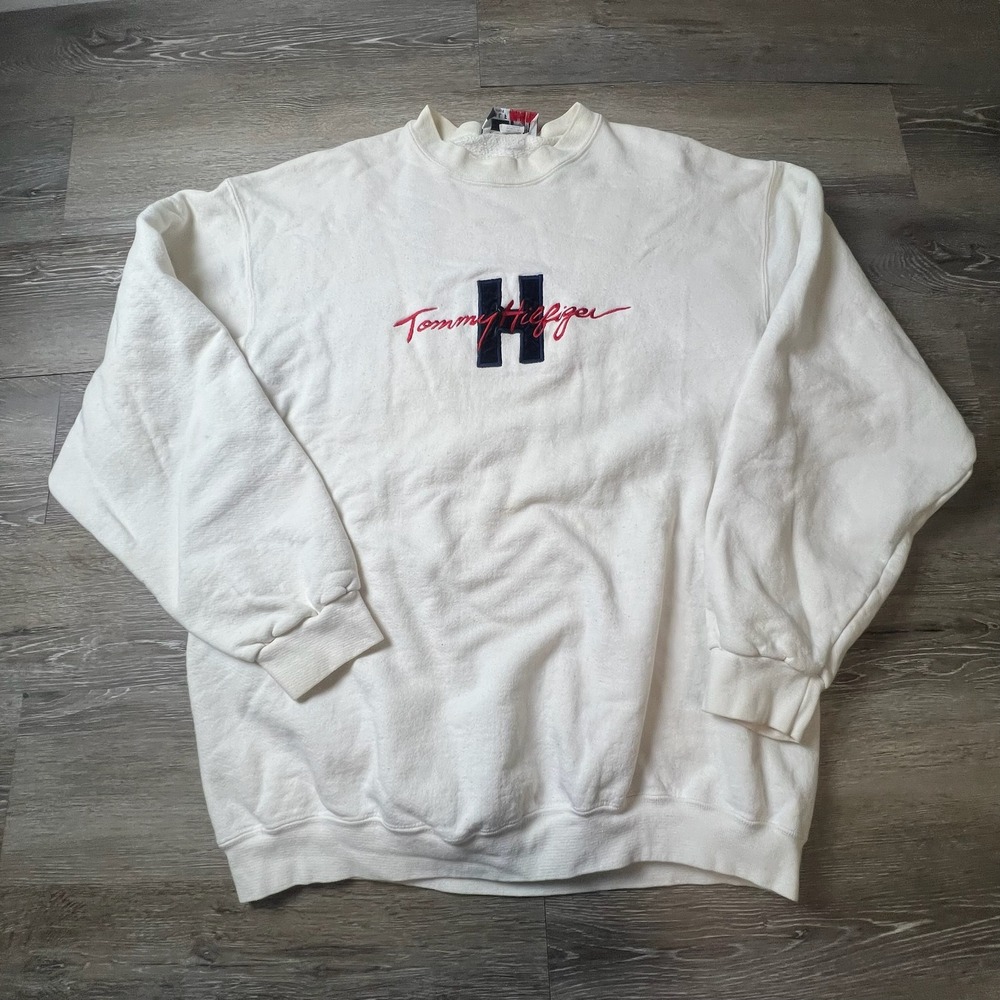 Tommy Hilfiger Sweatshirt Mens Large White Vintage 90s Made in USA Embroidered H